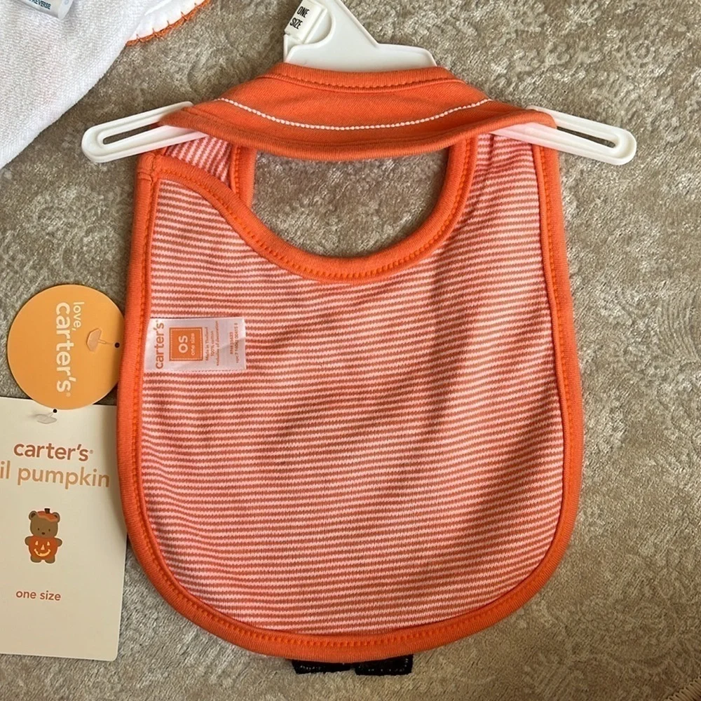 Brand New Set of 2 Cloth Baby Bibs Orange Halloween Thanksgiving Turkey Pumpkin